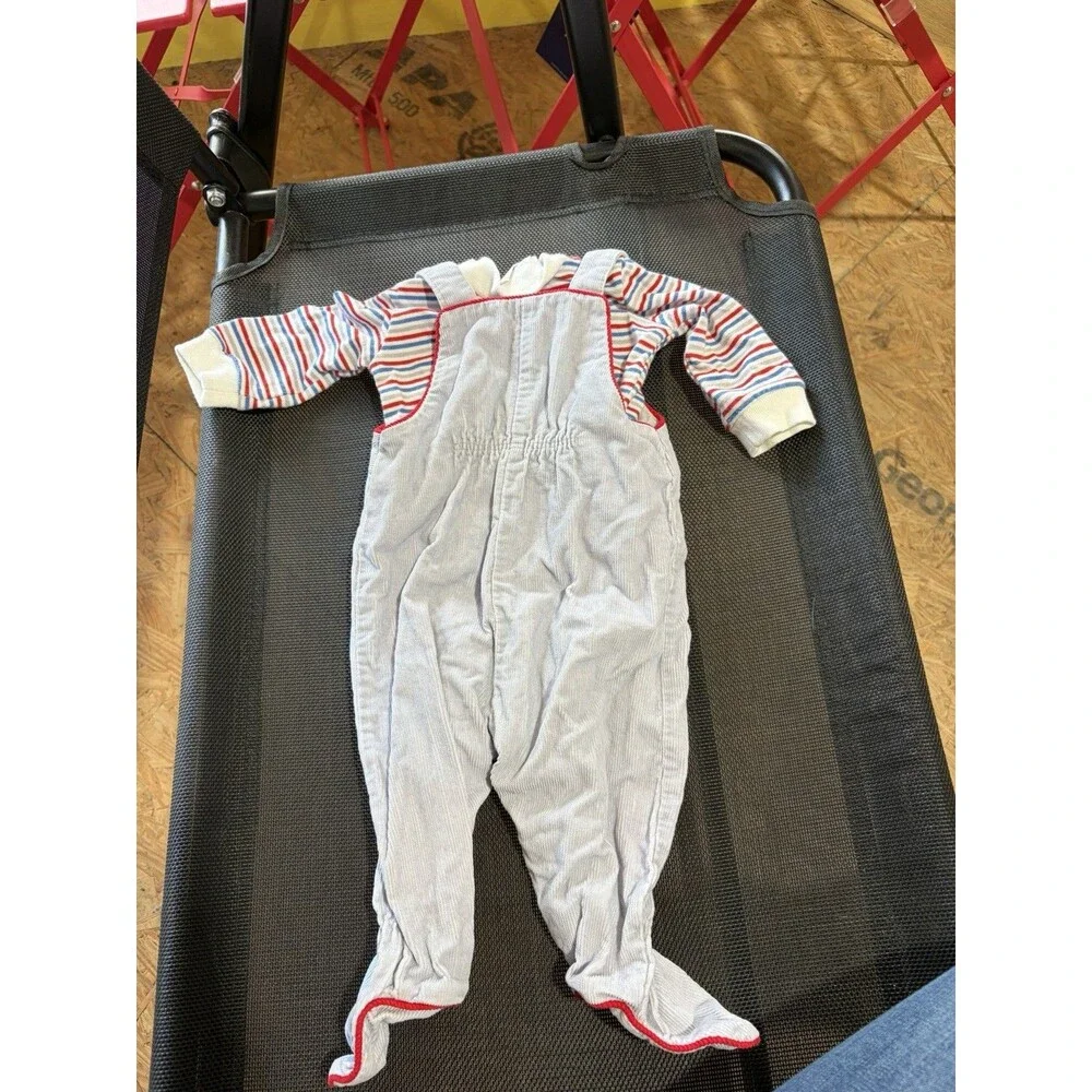 Vintage 2pc Footed Cotton Coverall + Striped Shirt Cars Applique 3-6 Months